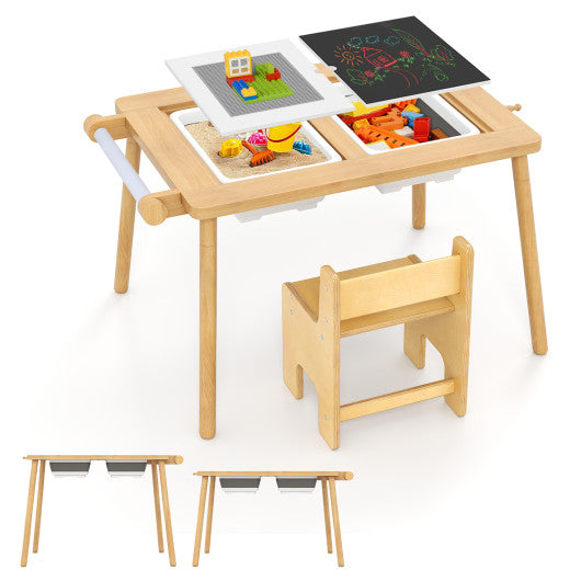 Sensory Table and Chair Set for Kids 2-8 with Foldable Bins-Natural