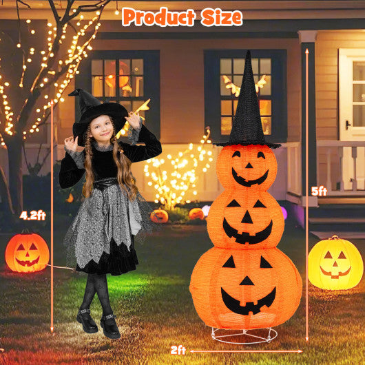 5 Feet Lighted Stacked Pumpkins Halloween Decoration with Witch Hat