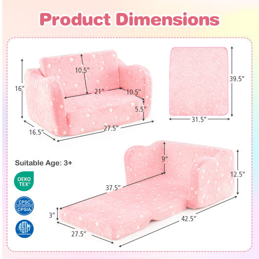 2-in-1 Folding Kids Couch with Blanket Glow in the Dark-Pink