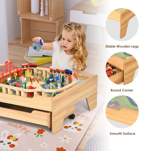 Kids Wooden Train Set Table with 100 Multicolor Pieces and Lockable Wheels