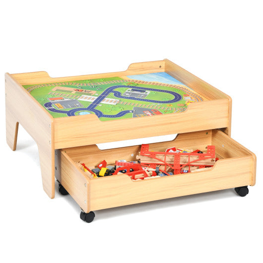 Kids Wooden Train Set Table with 100 Multicolor Pieces and Lockable Wheels