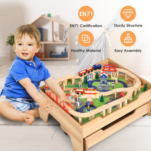 Kids Wooden Train Set Table with 100 Multicolor Pieces and Lockable Wheels