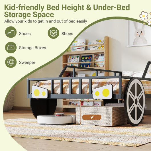 Twin-Size Kids Metal Bed Frame Car-Shaped with Safety Guardrails-Twin Size