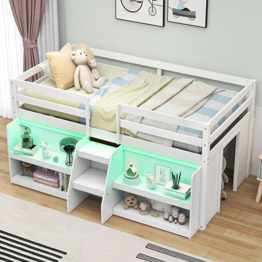 Twin Size Loft Bed with LED Lights with Staircase and Safety Guardrail-White