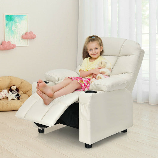 PU Leather Kids Recliner Chair with Cup Holder and Footrest Beige