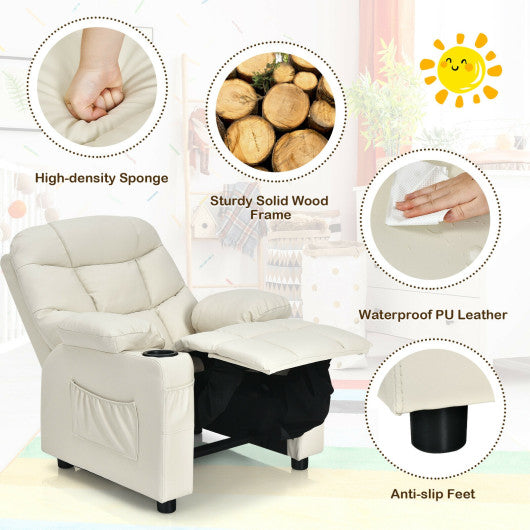 PU Leather Kids Recliner Chair with Cup Holder and Footrest Beige