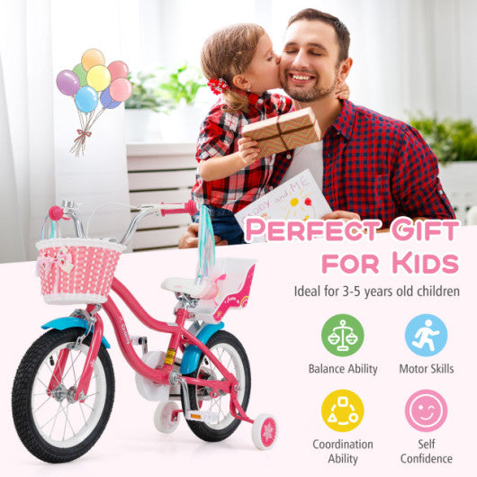 14 Inch Girls Bike with Doll Seat and Basket for 3-5 Years Olds Pink