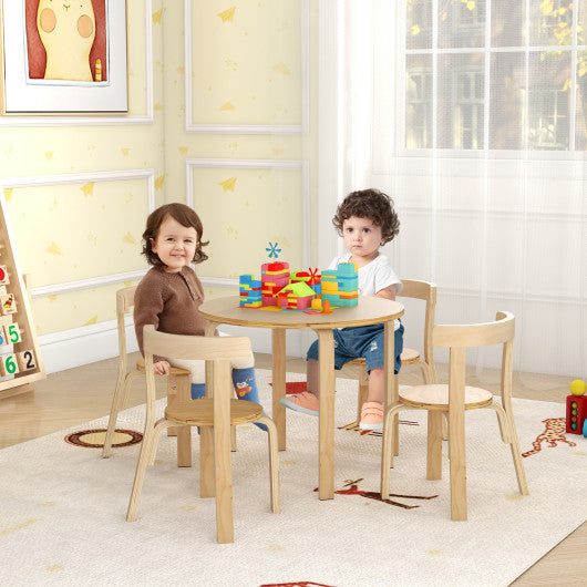 5-Piece Kids Toddler Wooden Curved Back Activity Table and Chair Set with Toy Bricks