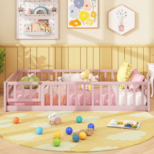 Twin Size Montessori Floor Bed Frame with Full Length Safety Guardrails-Pink