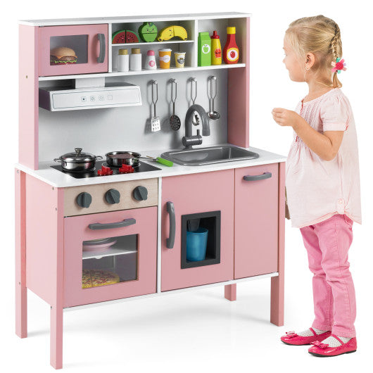 Wooden Pretend Play Kitchen Set for Toddlers-White and Pink