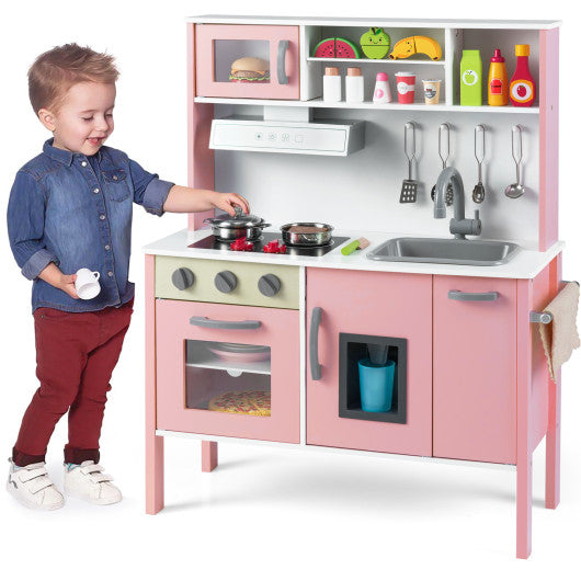 Wooden Pretend Play Kitchen Set for Toddlers-White and Pink