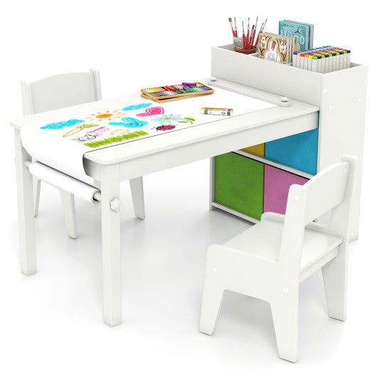 Kids Art Table and Chairs Set with 2 Chairs and Paper Roll-White
