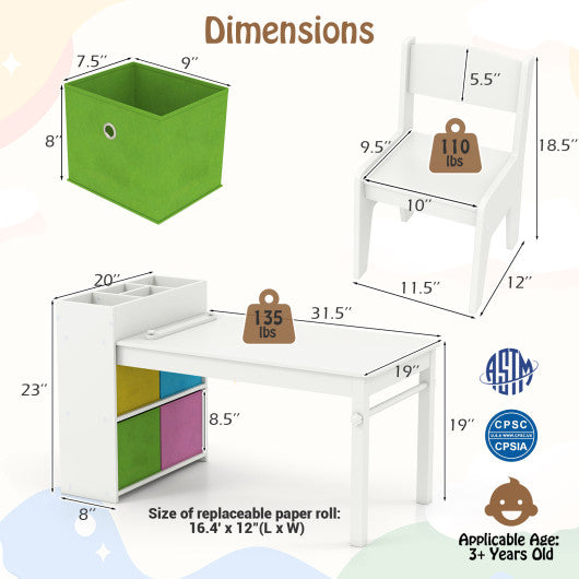 Kids Art Table and Chairs Set with 2 Chairs and Paper Roll-White