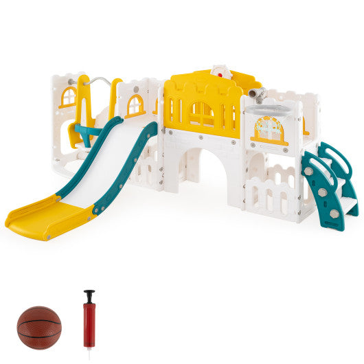 10-in-1 Toddler Swing and Slide Set Climber Playset with Basketball Hoop-Yellow