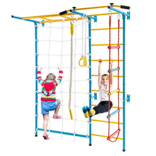 7-in-1 Swedish Ladder with Folding Gymnastics Mat for Solid Wall for Kids
