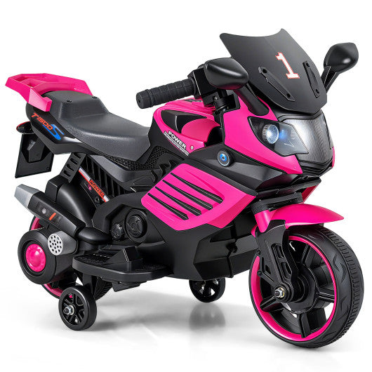 6V Kids Motorcycle with Headlights Music and Detachable Training Wheels-Pink