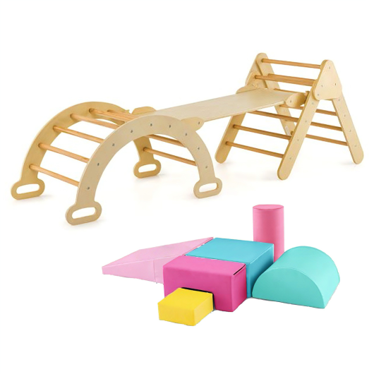 7-in-1 Pikler Triangle Set with 6-Piece Foam Blocks for Toddlers Indoor Playground