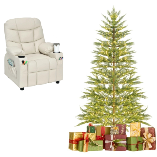 6.5FT Pre-Lit Christmas Tree & Beige Kids Recliner Chair Set Cozy Holiday Bundle