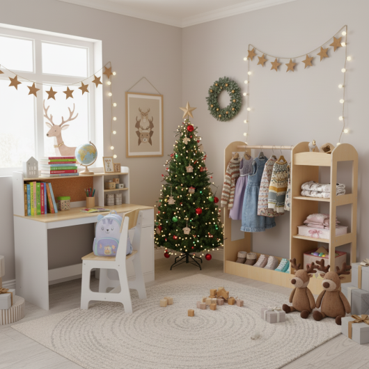 Kids Room Set: Recliner + Natural Study Desk & Chair + 4-ft Christmas Tree + Natural Dress-Up Storage