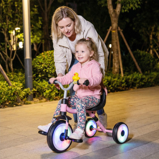 Glowing Wheels Toddler Tricycle Foldable Kids Trike with Basket and Duck Bell