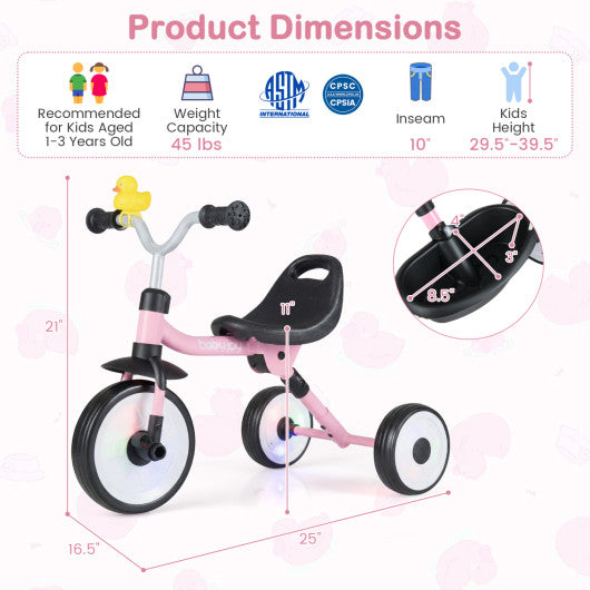 Glowing Wheels Toddler Tricycle Foldable Kids Trike with Basket and Duck Bell