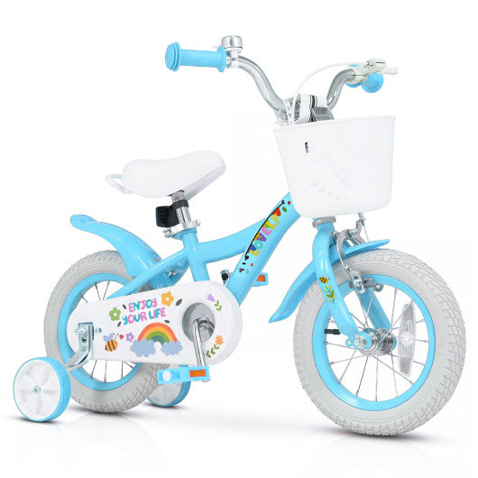 12 Inches Girls Bike for 3-4 Years Old with Training Wheels and Basket - Spring Party Blue