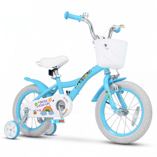 14 Inches Girls Bike for 3-5 Years Old with Training Wheels and Basket - Spring Party Blue