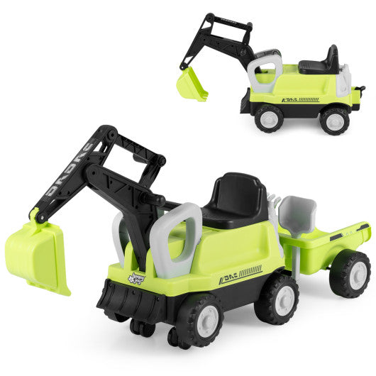 2-In-1 Kids Ride on Tractor with Digging Arm and Detachable Trailer-Green