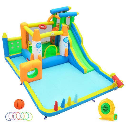 10-in-1 Inflatable Bounce House with Water Slide and 680W Blower for Kids