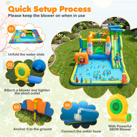 10-in-1 Inflatable Bounce House with Water Slide and 680W Blower for Kids
