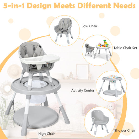 5-in-1 Baby Highchair with Height Adjustable and 2-Tier Tray Storage Busket-Gray