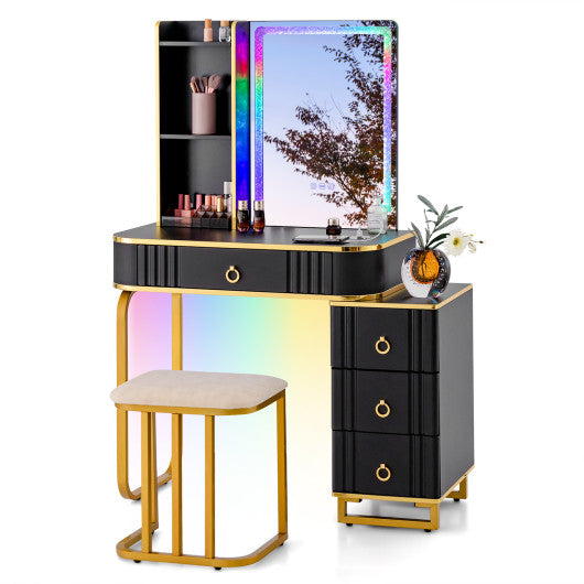 Vanity Table Set with RGB LED Lights and Wireless Charging Station-Black