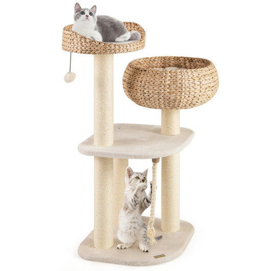 41 Inch Rattan Cat Tree with Napping Perch-White