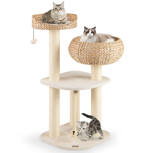 41 Inch Rattan Cat Tree with Napping Perch-White