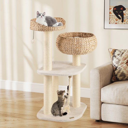 41 Inch Rattan Cat Tree with Napping Perch-White