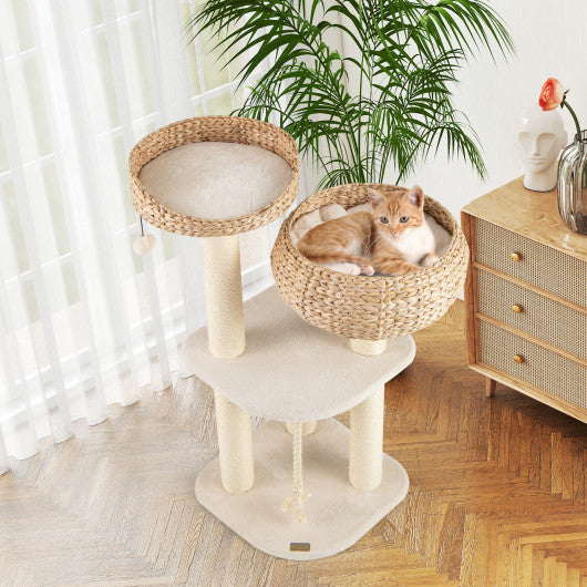 41 Inch Rattan Cat Tree with Napping Perch-White