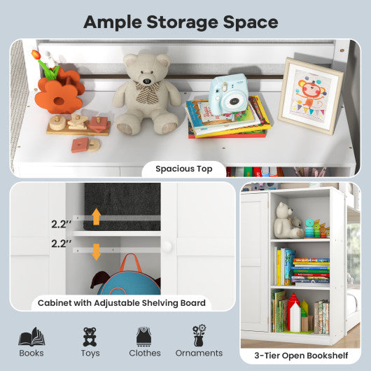 Twin Size Bunk Bed with Convertible Bookcase and Ladder-White