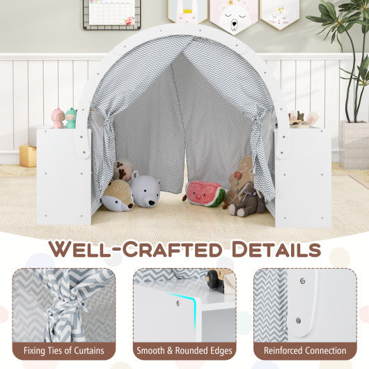 Wooden Kids Play Tent with Curtain Shades and 8 Cubbies-White