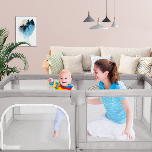 75 x 59 Inch Large Baby Playpen with Breathable Mesh and Zipper Doors-Gray