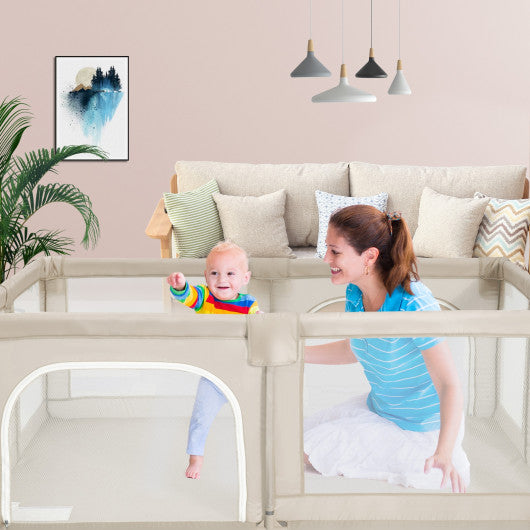 75 x 59 Inch Large Baby Playpen with Breathable Mesh and Zipper Doors-Beige