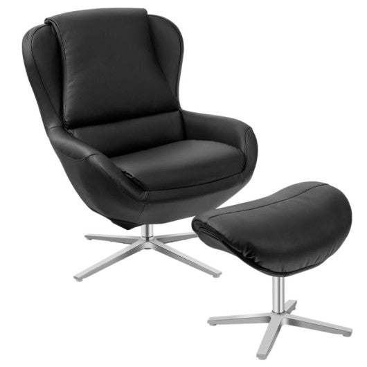 360¡ã Swivel Leather Lounge Chair with Ottoman and Aluminum Alloy Base-Black