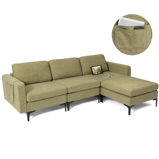 Modular 3-Seat L-shaped Sectional Sofa with Reversible Chaise and 2 USB Ports-Green