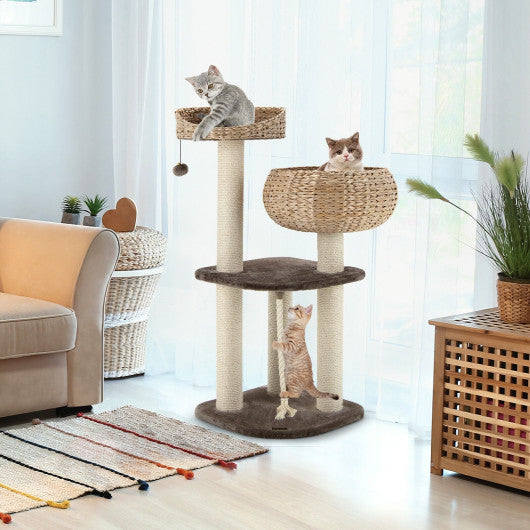 41 Inch Rattan Cat Tree with Napping Perch-Brown