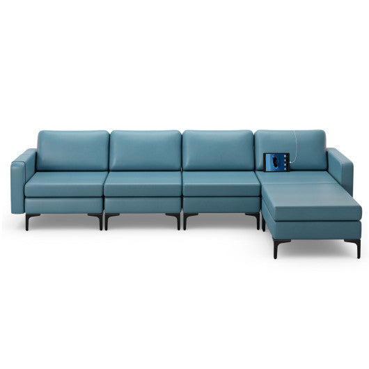 Modular L-shaped Sectional Sofa with Reversible Ottoman and 2 USB Ports-Blue