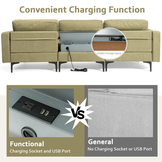 Modular 3-Seat L-shaped Sectional Sofa with Reversible Chaise and 2 USB Ports-Green
