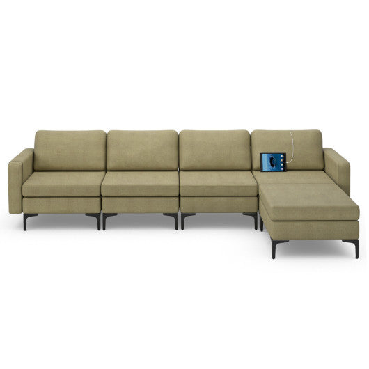 Modular L-shaped Sectional Sofa with Reversible Ottoman and 2 USB Ports-Green