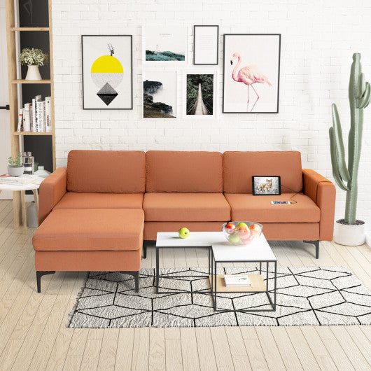 Modular 3-Seat L-shaped Sectional Sofa with Reversible Chaise and 2 USB Ports-Orange