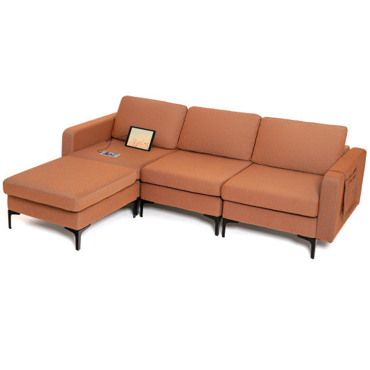 Modular 3-Seat L-shaped Sectional Sofa with Reversible Chaise and 2 USB Ports-Orange
