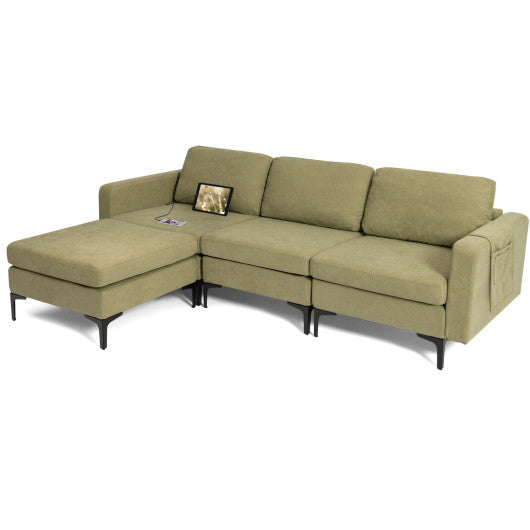 Modular 3-Seat L-shaped Sectional Sofa with Reversible Chaise and 2 USB Ports-Green
