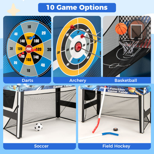 10-in-1 Combo Game Table Set with Table Tennis  Basketball  Soccer-Blue